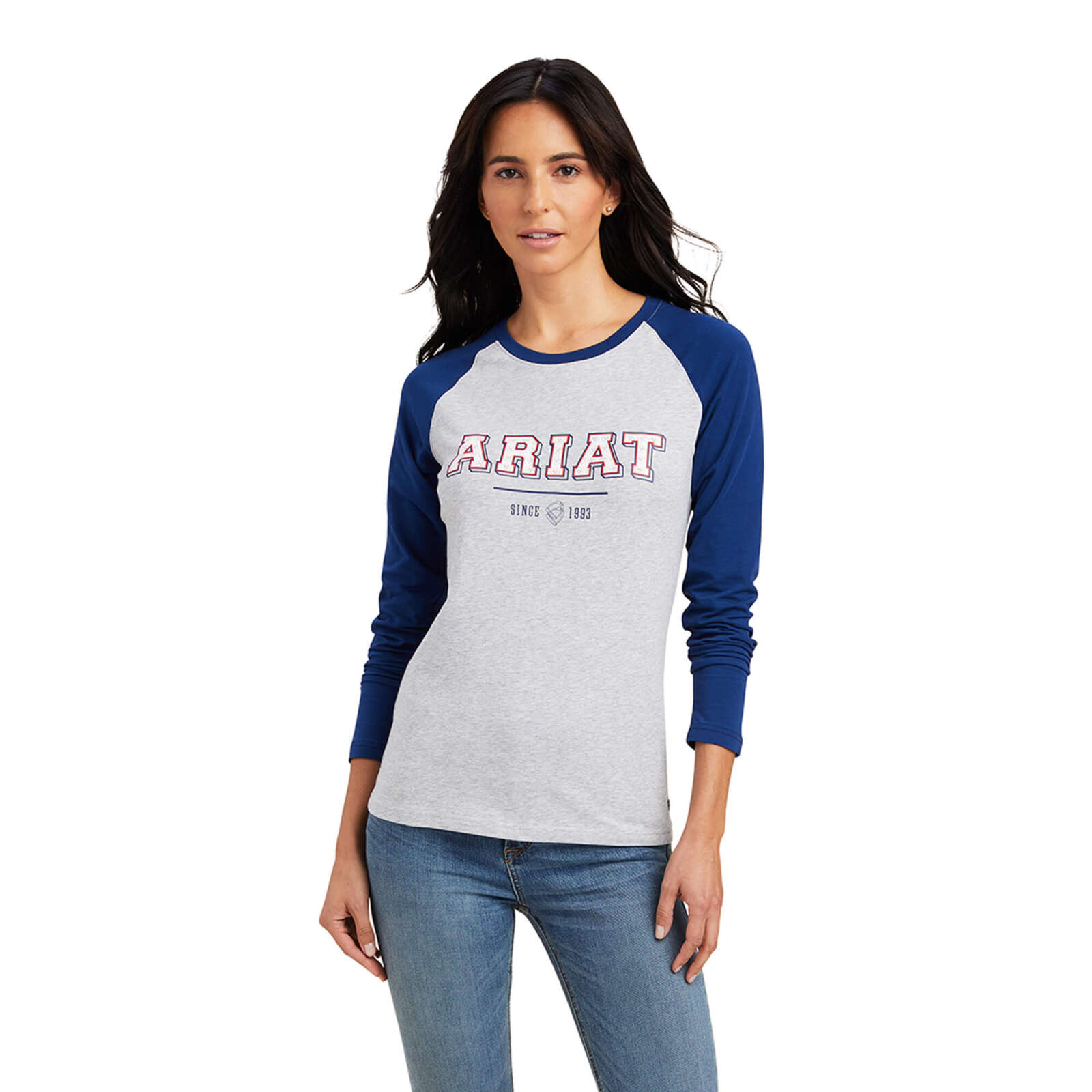 Ariat Womens Varsity Long Sleeve Tee – Estate Blue/Heather Grey