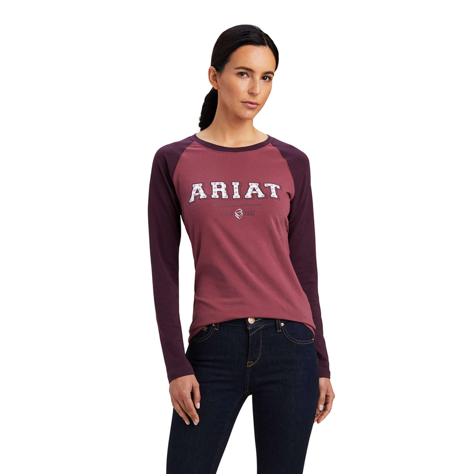 Ariat Womens Varsity Long Sleeve Tee – Mulberry/Nostalgia Pink