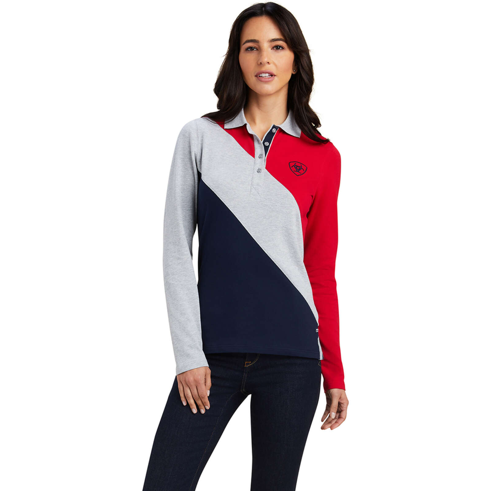 Ariat Womens Taryn Long Sleeve Polo – Weg Red/Heather Grey/Navy