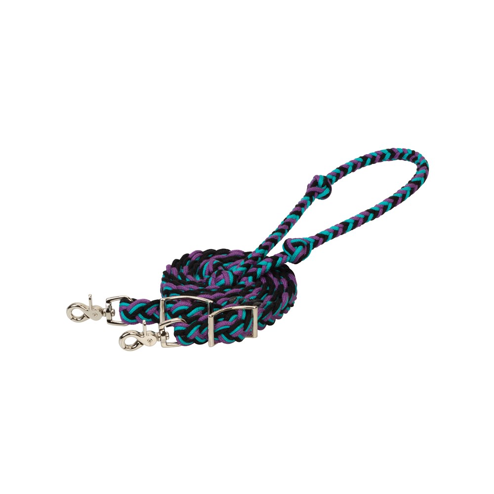 Ecoluxe Flat Barrel Reins Black/Turquoise/Purple 3/4″ X 8′