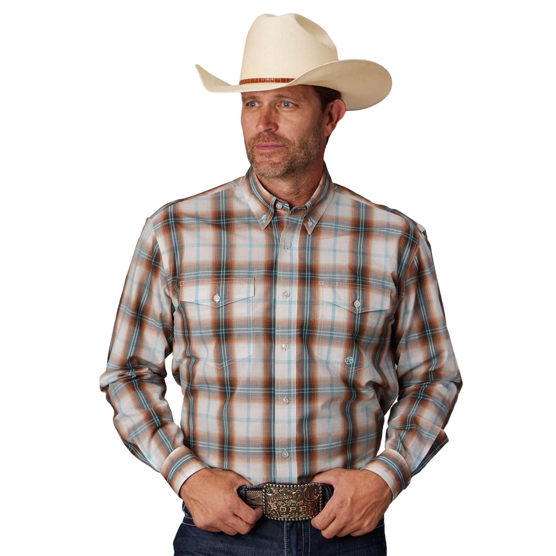 Roper Mens Amarillo Collection Long Sleeve Plaid Shirt Orange