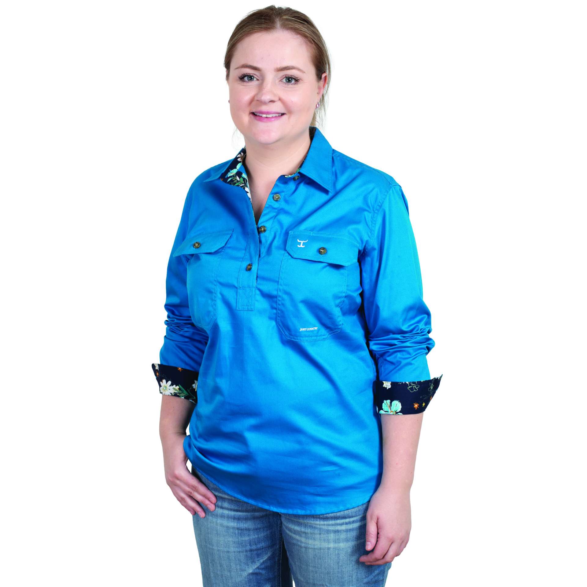 Just Country Jahna Half Button Workshirt – Blue Jewel/Navy Orchids